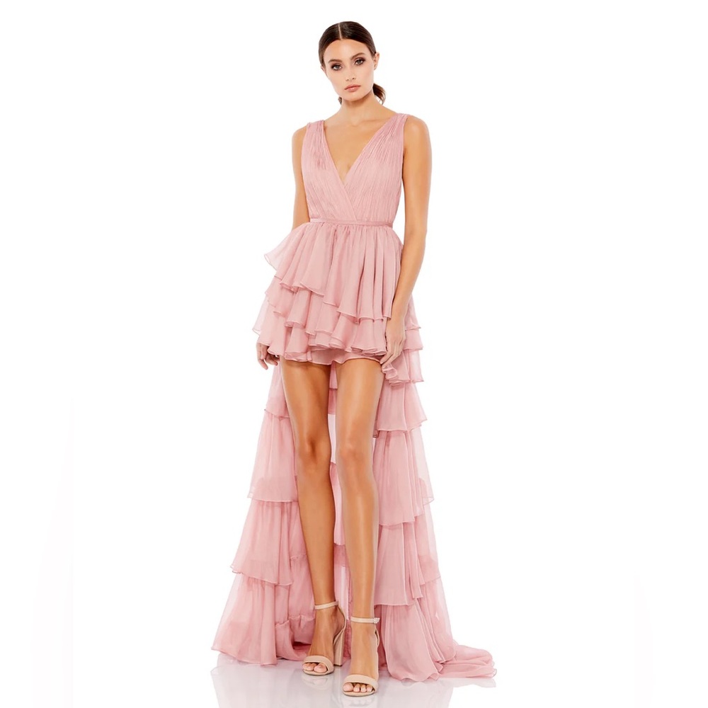 MAC DUGGAL HIGH LOW TIERED GOWN WITH BUILT IN BODYSUIT
